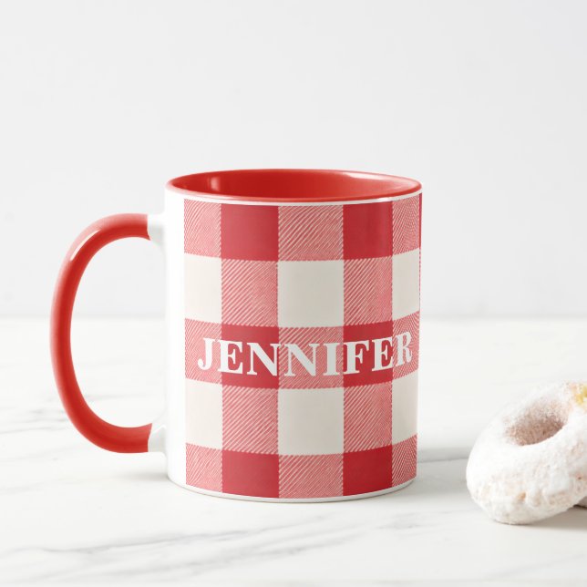 Caneca Xadrez Vermelho Nome Personalizado (Com Donut)