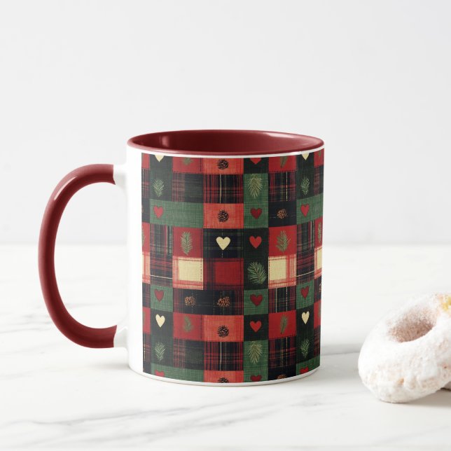 Caneca Xadrez Vermelho Verde Branco Rústico Country Cotta (Com Donut)