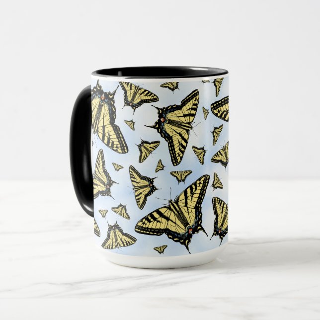 Caneca Yellow Swallowtail Butterflies on Blue Sky Pattern (Frente Esquerda)