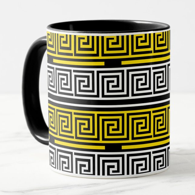 Caneca Yellow White Black Greek Key Fret Pattern Design  (Criador carregado)