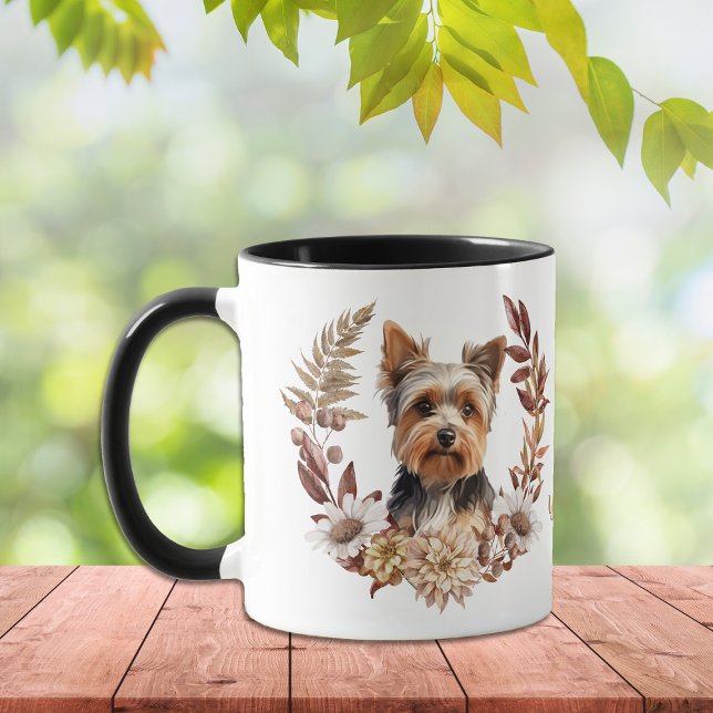 Caneca Yorkshire Terrier Dog Autumn Wreath (Criador carregado)