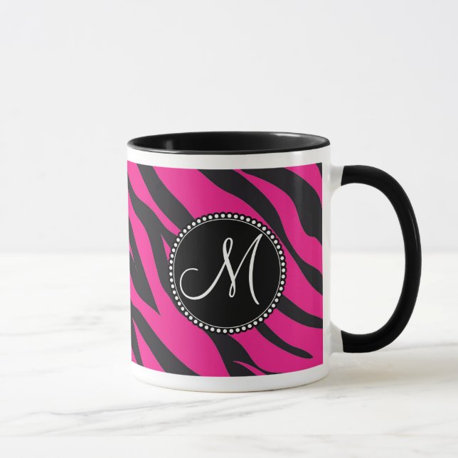 Caneca Zebra Negra Preta, Rosa Quente, Monograma Inicial (Direita)