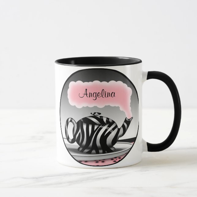 Caneca Zebra Print Teapot Pink Personalised Mug (Direita)