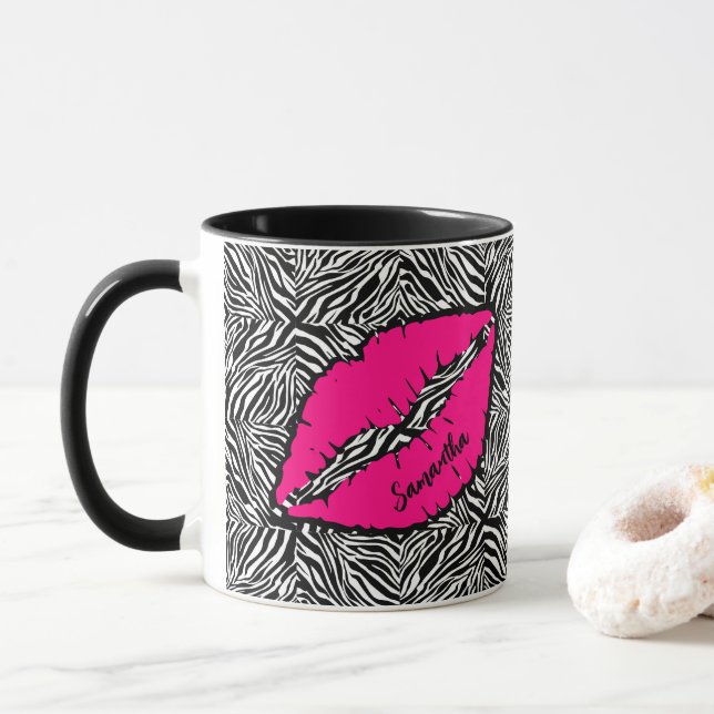Caneca Zebra Simples com Lábios Rosa Personalizados (Com Donut)