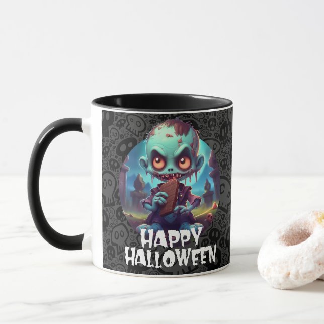 Caneca Zombie comendo chocolate Feliz Dia das Bruxas (Com Donut)