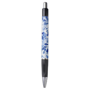 Caneta Abstrato Azul e Folhas Brancas