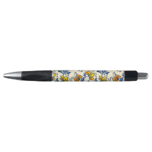 Caneta Amarelo Laranja Floral Folclórico Vintage Folha Az