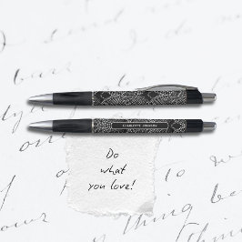 Caneta Art Deco Antracite Preto Branco Padrão Pavão