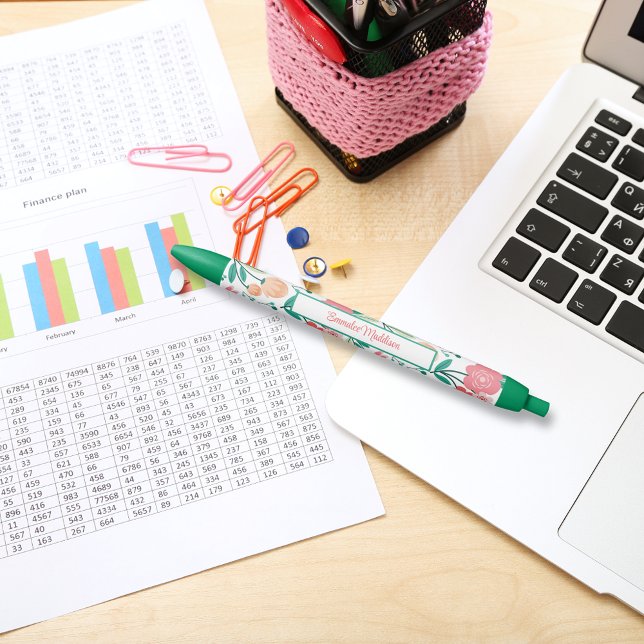 Caneta Azul Boêmia Floral, Rosa Verde, Ditsy Monograma (Criador carregado)