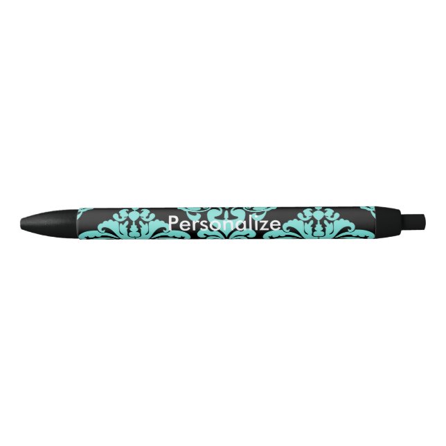 Caneta Azul Chic Personalizado Elegante para Damasco Preto e T (Frente)