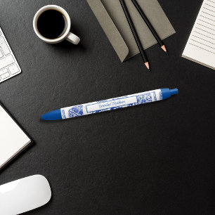 Caneta Azul Chinoiserie Branca Azul com Potência Asiática