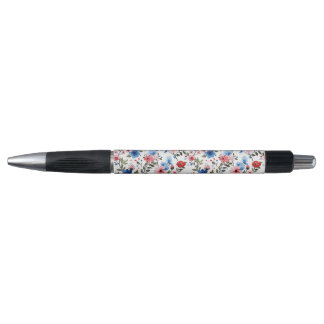 Caneta Azul e Floral Vermelho