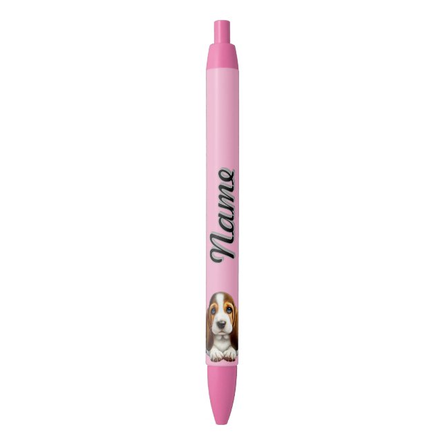 Caneta Azul Filhote de Basset Hound Personalizado Com Flores (Frente Vertical)