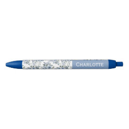 Caneta Azul Flores Azuis Aquarela Nome Personalizado 
