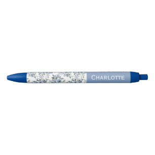 Caneta Azul Flores Azuis Aquarela Nome Personalizado 