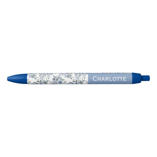 Caneta Azul Flores Azuis Aquarela Nome Personalizado  (Frente)