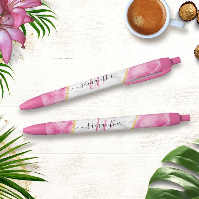 Caneta Azul Mármaco Branco Rosa-Rosa-Grelha Elegante Monograma (Criador carregado)