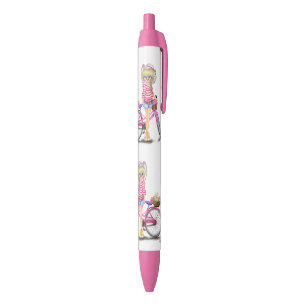 Caneta Azul Menina Loura-Gira com Bicicleta Rosa e Gato nas Fl