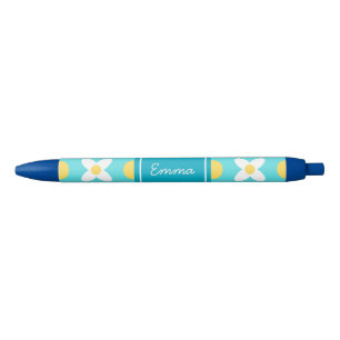 Caneta Azul Padrão Floral Retro Azul Turquesa