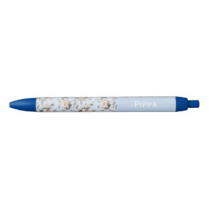 Caneta Azul Pássaros Florescem Flores Azuis Nome Personalizado