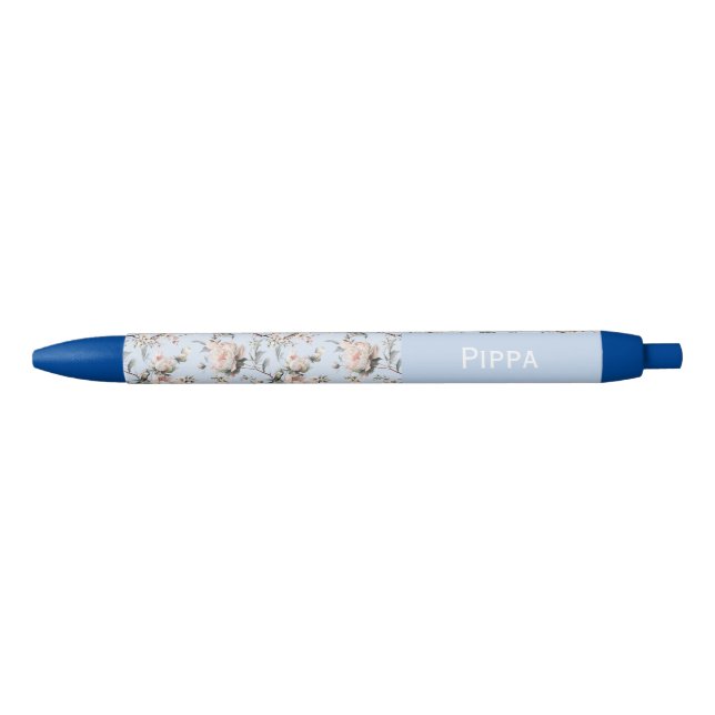 Caneta Azul Pássaros Florescem Flores Azuis Nome Personalizado (Frente)