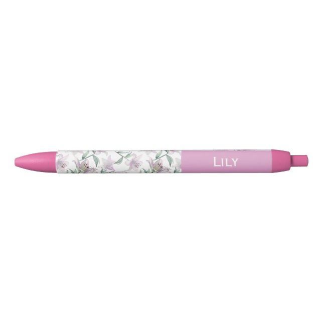 Caneta Azul Pink Lillies Custom Name Pen (Frente)