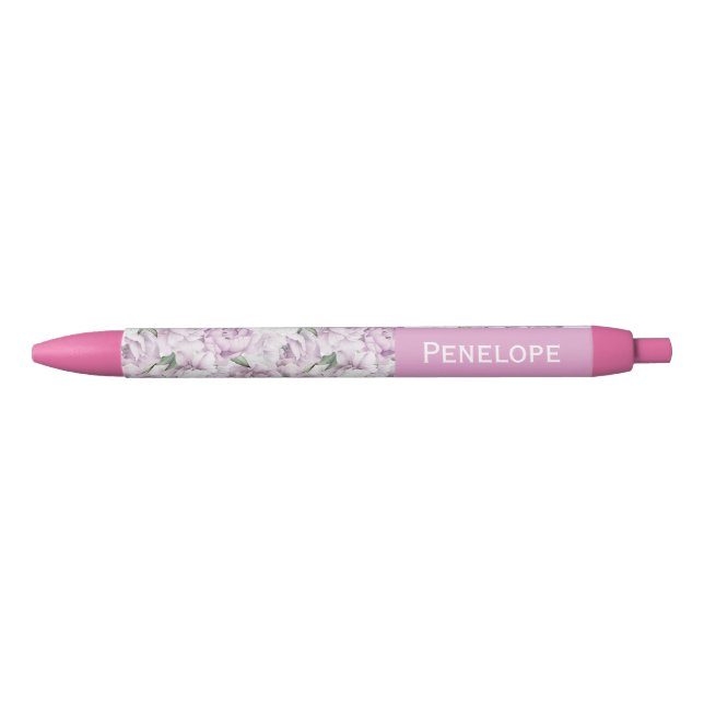 Caneta Azul Pink Peonies Custom Name Pen (Frente)