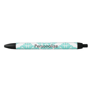 Caneta Azul Teal & Black Damask Elegante Personalizado Chic