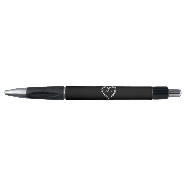 Caneta Black & White Floral Heart Monogram Wedding Pen (Frente)