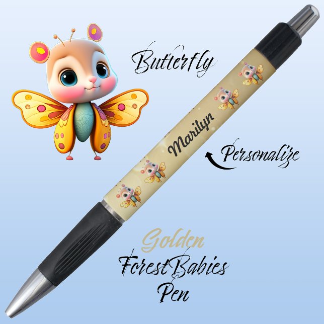Caneta Borboleta, Bonita Personagem De Garota Branca, Dou (Cute Whimsical Confident Girl Butterfly Cartoon Graphic, Gold Customizable ForestBabies Pen 🦋)