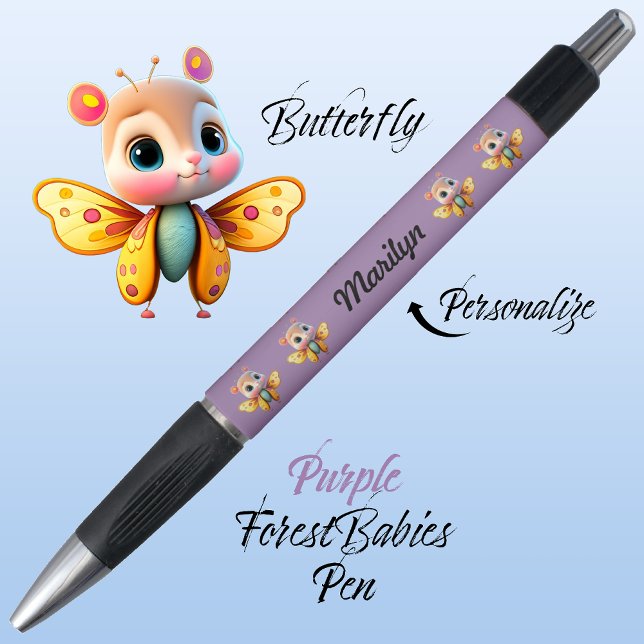 Caneta Borboleta, Caráter Brilhante De Rapariga, Roxo (Cute Whimsical Confident Girl Butterfly Cartoon Graphic, Purple Personalizable ForestBabies Pen 🦋)