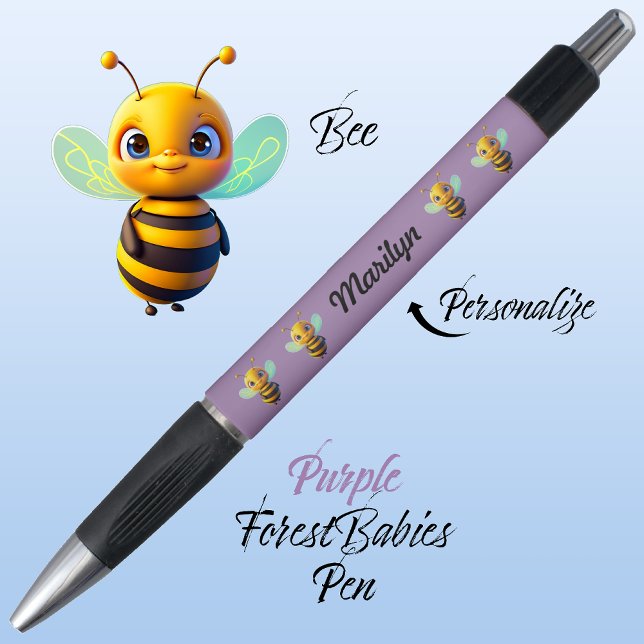 Caneta Bumble Bee, Mel Saborosa Única Cuta Roxo (Cute Whimsical Bee Cartoon Graphic, Purple Personalizable ForestBabies Pen 🐝)