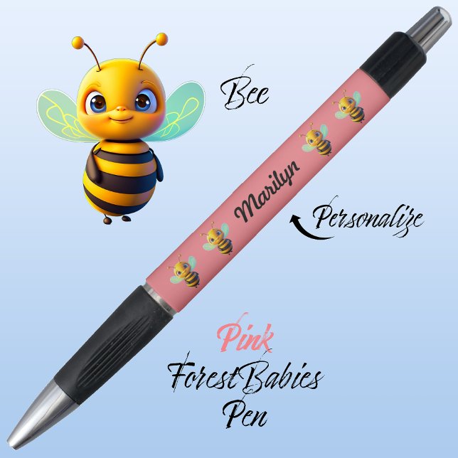Caneta Bumble Bee, Presente Animal, Abelhas Coloridas Ros (Cute Whimsical Bee Cartoon Graphic, Pink Personalizable ForestBabies Pen 🐝)