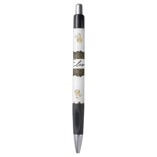 Caneta  con flores doradas  personalizada (Frente Vertical)