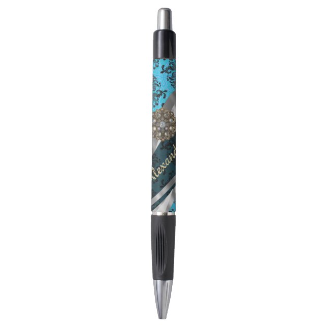 Caneta Cor damasco azul bonito personalizada (Frente Vertical)