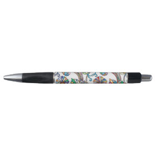 Caneta Cor múltipla do padrão floral antigo em branco