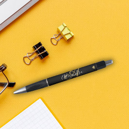 Caneta Elegante Black Dourado Heart Script Name Monograma