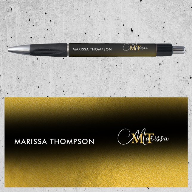 Caneta Elegante Monograma com Gradiente de Ouro Preto em  (Elegant Black Gold Gradient Monogram Script Name Pen)