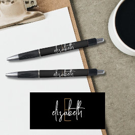 Caneta Elegante Monograma Dourado Preto Script