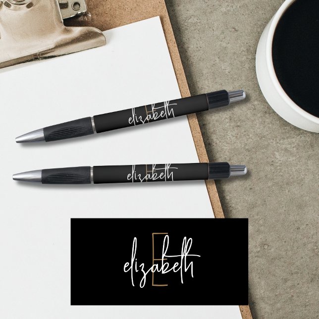 Caneta Elegante Monograma Dourado Preto Script (Criador carregado)