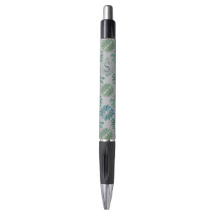 Caneta Elegante Padrão Azul Verde Monograma Ornado