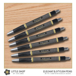 Caneta Elegante Xadrez Glen Preto Dourado com Monograma