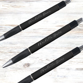 Caneta Escrito branco preto com nome personalizado elegan