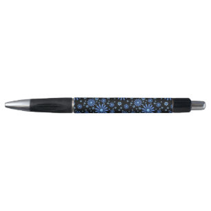 Caneta Flor azul e preto - Flor retro floral