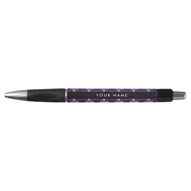 Caneta Flor de Lis, Bege sobre Roxo, Real, Seu Nome (Frente)