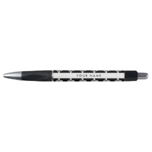 Caneta Flor de Lis, Branco sobre Preto, Branco, Seu Nome