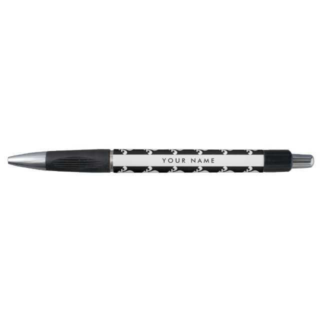 Caneta Flor de Lis, Branco sobre Preto, Branco, Seu Nome (Frente)