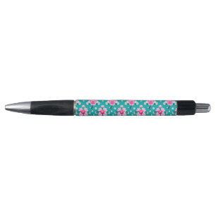 Caneta Flores Cor-de-Rosa e Folhas em Fundo Turquesa