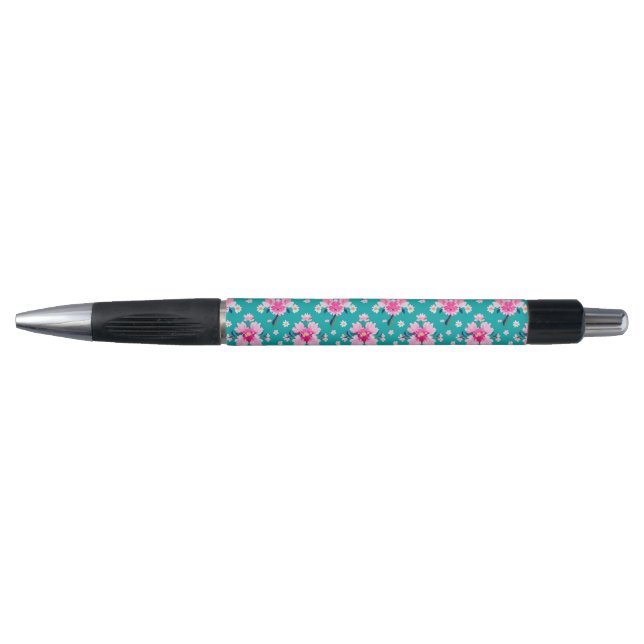 Caneta Flores Cor-de-Rosa e Folhas em Fundo Turquesa (Frente)