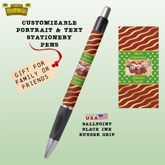 Caneta Foto de Natal Dando 🎁 Verde Vermelho Xmas (Festive Christmas Family Photo Stationery Gift, Xmas Holiday Red & Gold ForestBabies Ink Pen 🎁)